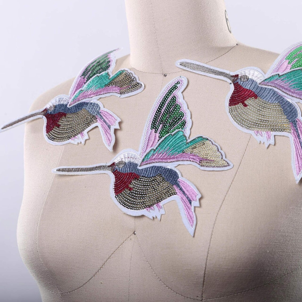 1 Patch Colorful Hummingbird Sequins Embroidery Iron On Wings Bird Applique